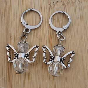 Hand Crafted Earrings Clear Crystal Angel Pierced with Silver Angel Wings